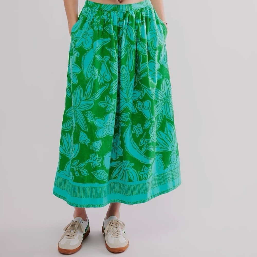 Free People Teal Leaf Print A-Line Skirt - Picture 2 of 2